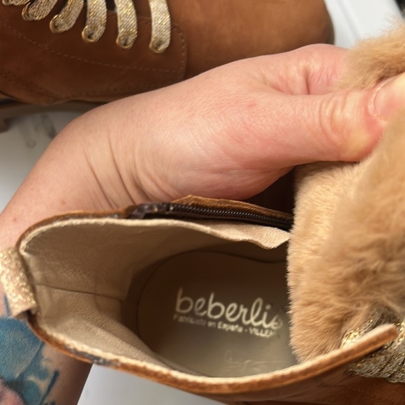 Beberlis Cognac Brown Suede Shearling Lace Up Combat Boots w/ Lug Soles NEW - Picture 4 of 14